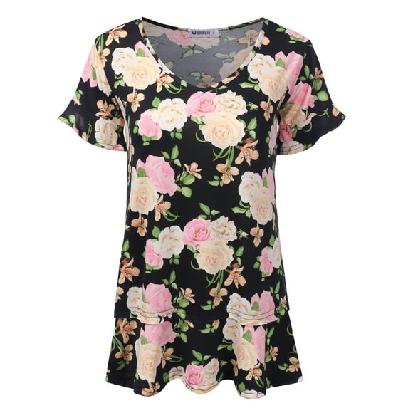 Doublju Women's Short Sleeves Flare Tunic Tops for Leggings Flowy Shirt with Plus Size