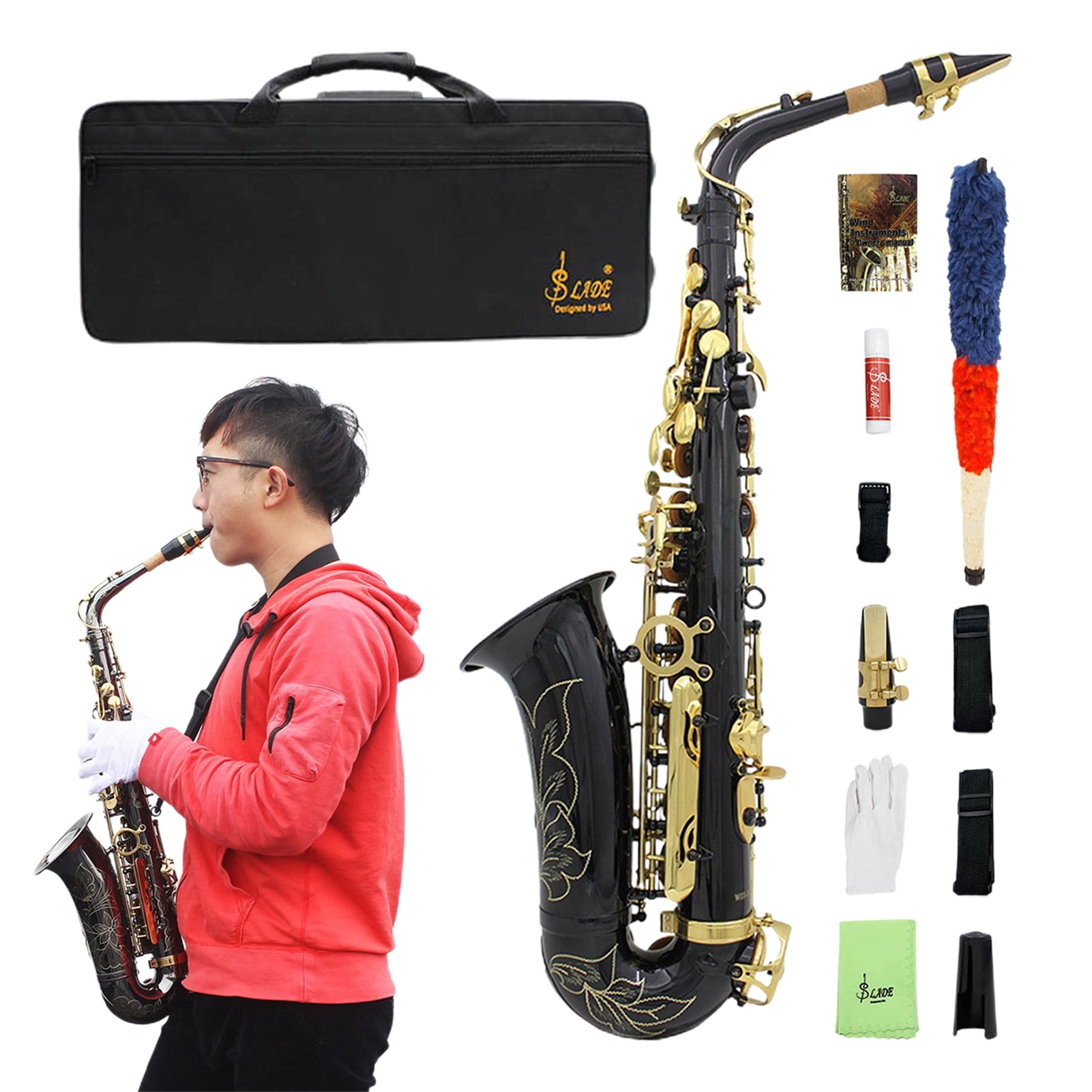 Golden Alto Saxophone | Good Sound Quality Brass Engraved Alto Sax | Wind & Woodwinds Saxophones with Adjustable Strap and Case