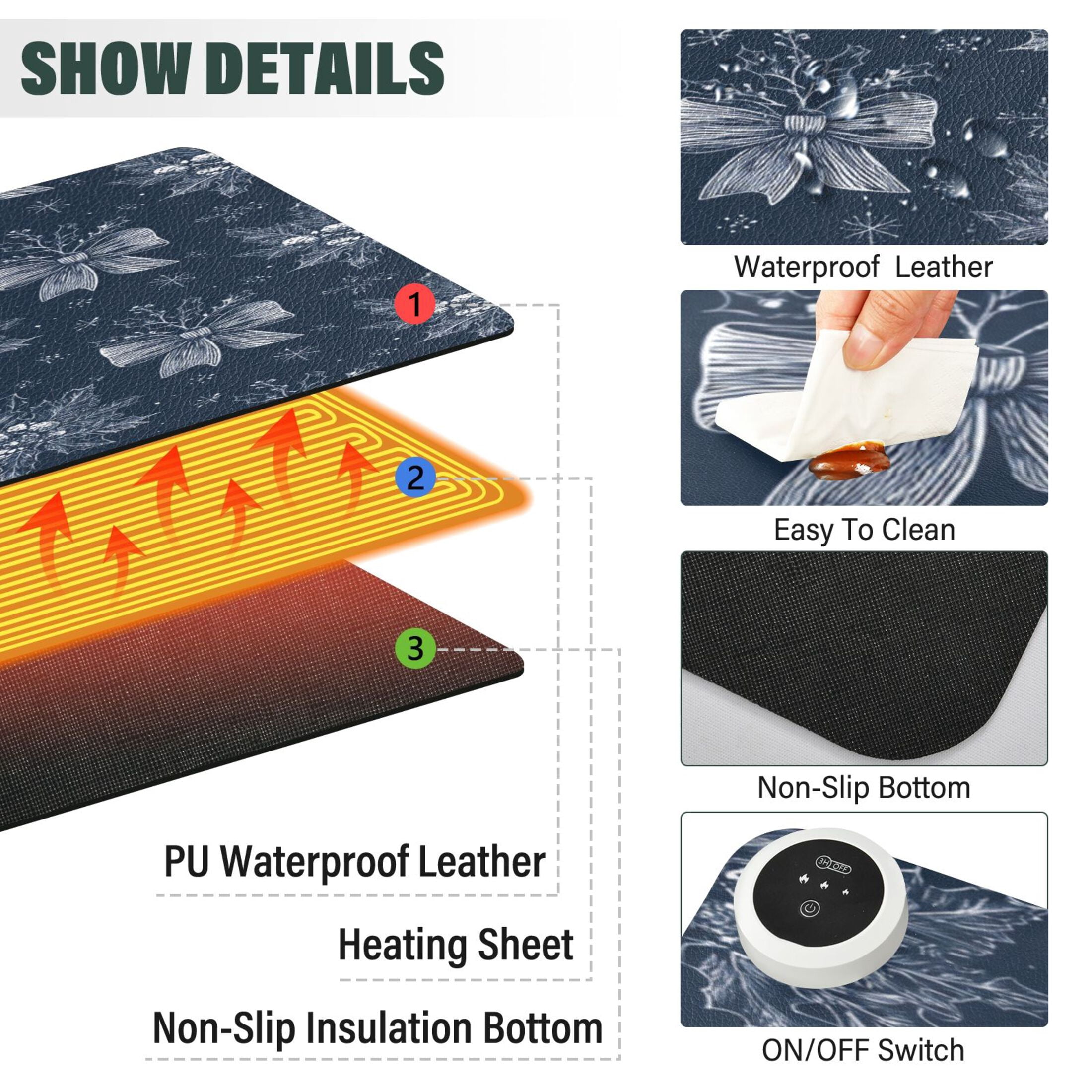 Large Heated Desk Mat Mouse Pad 31.5"x13"PU Leather Graphene Heating Desk Warmer with 3 Temperature Settings 110V US Plug Non-Slip Warm Pad for Home, Office, and Gaming Silver Christmas Bows Pattern