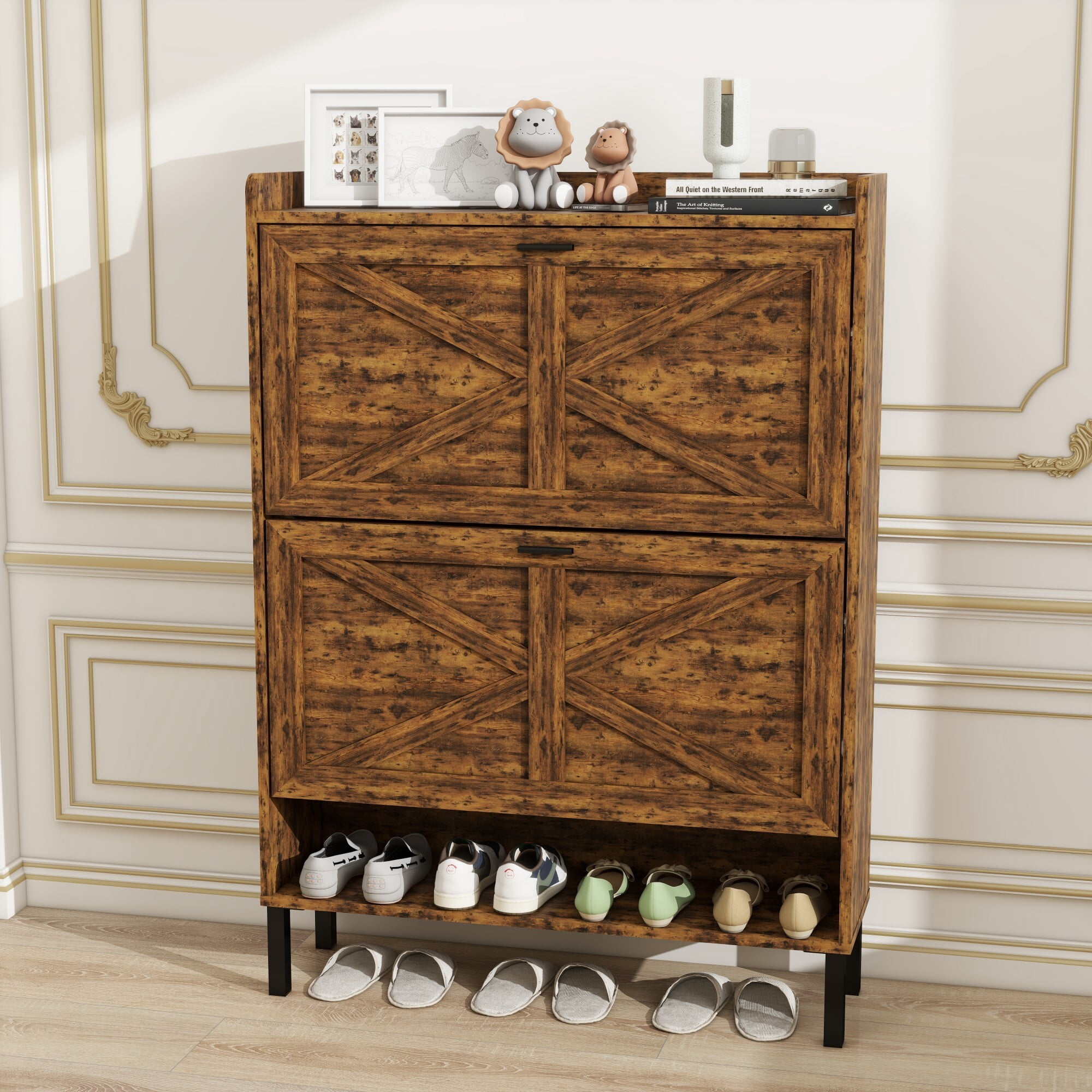 DEALTOPS Slim Flip-Drawer Shoe Cabinet – Rustic Narrow Entryway Storage for 20+ Pairs, Rustic Brown