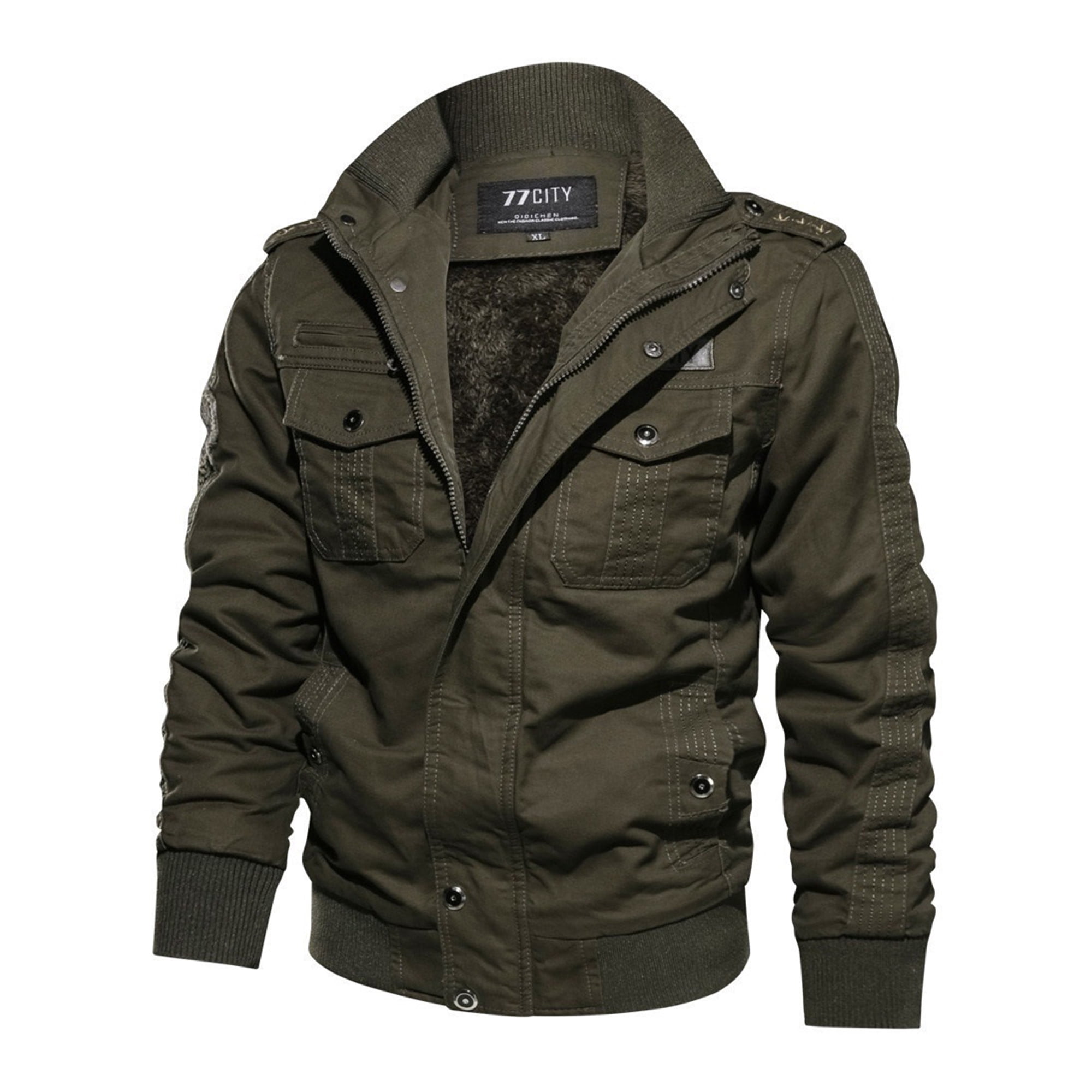 Tenmix Men s Stand Collar Military Coats Warm Bomber Jackets Fleece Lined Winter Cargo Jacket Long Sleeve Windbreaker Green XL Walmart