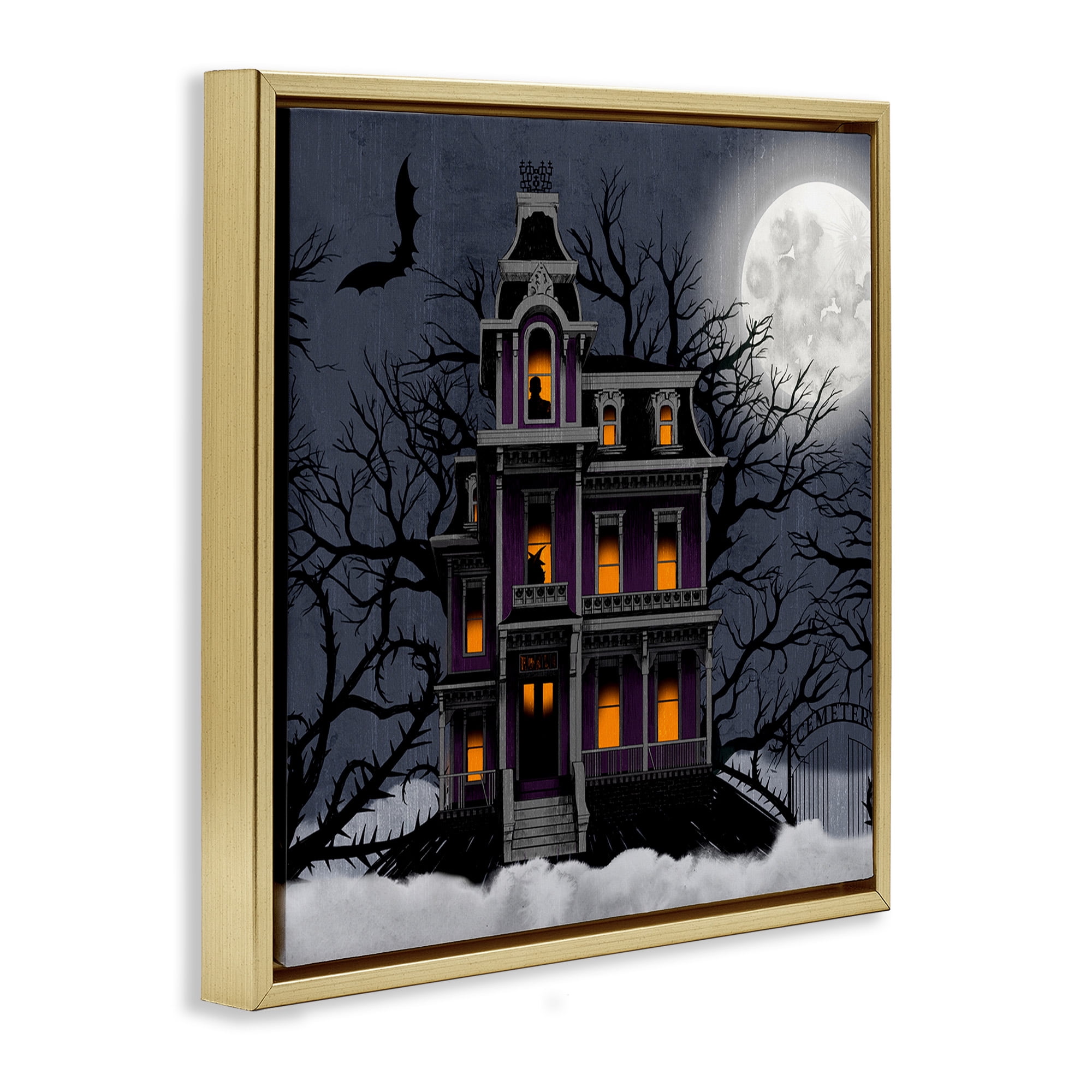 Stupell Industries Creepy Haunted Halloween House Holiday Painting Gold Floater Framed Canvas Art Print Wall Art, 25 x 25