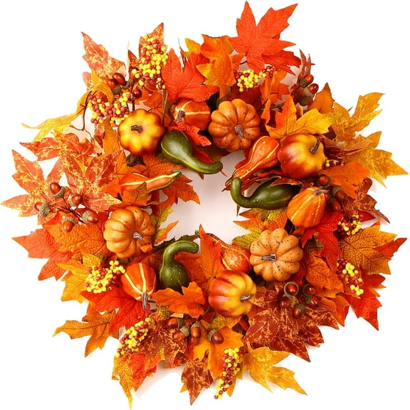 24 Inch Fall Wreaths for Front Door Outside, Fall Harvest Door Wreath with Pumpkins Berries Maple Leaves,Large Autumn Farmhouse Wreath for Thanksgiving Halloween Decorations Indoor Outdoor Home Decor