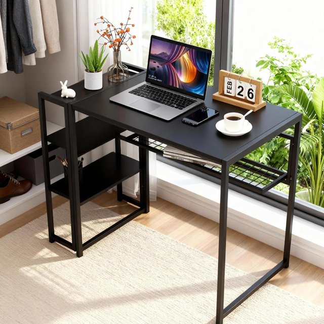 GloryStar 35" Foldable Writing & Computer Desk with Storage Shelf, Compact Space-Saving Table, Ready to Use