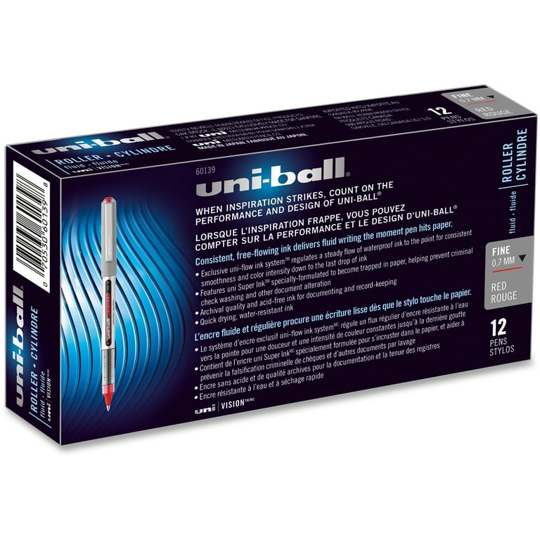 uni-ball(R) Vision(TM) Rollerball Pens, 0.7 mm, Fine Point, Gray Barrel,  Black Ink, Pack of 12, 60126