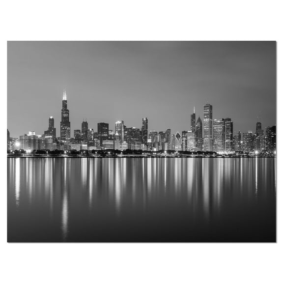 Designart 'Chicago Skyline at Night Black and White ' Cityscape Canvas Print