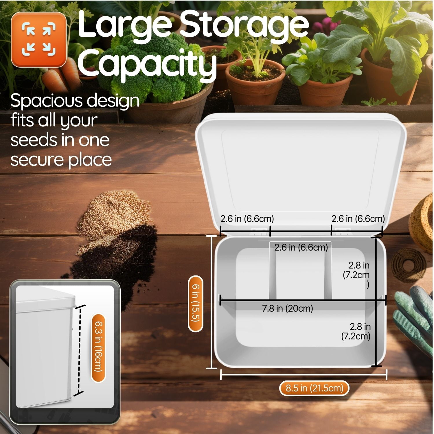 Flexzion Tin Storage Box with Removable Tray, 8 Inch Seed Organizer Box and Metal Seed Holder Organizer with Hinged Lid, Toolbox Container for Crafts, Hardware, Tools, Essentials – White