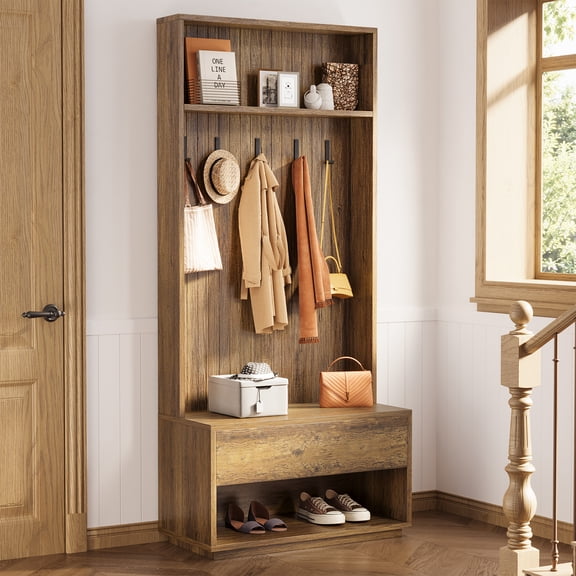 Finmind 70.9" H Hall Tree with Bench & Shoe Storage,Coat Rack with 5 Hooks for Mudroom, Hallway, Brown