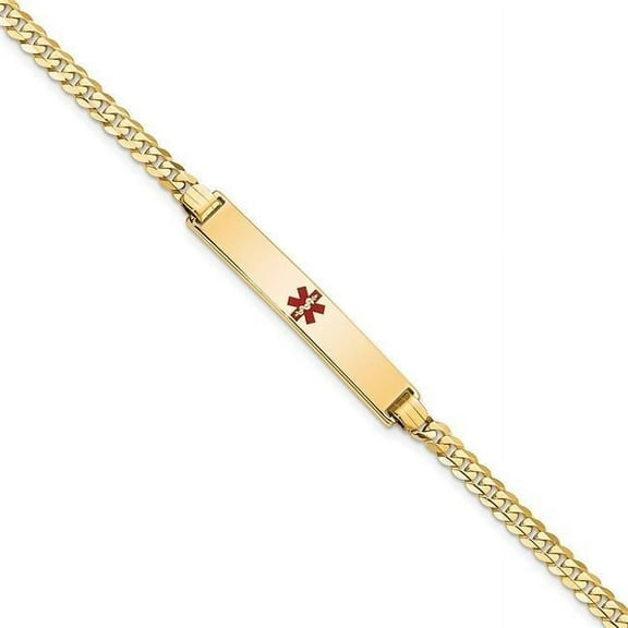 Primal Gold 14 Karat Yellow Gold Medical Red Enamel Flat Curb Link ID Bracelet