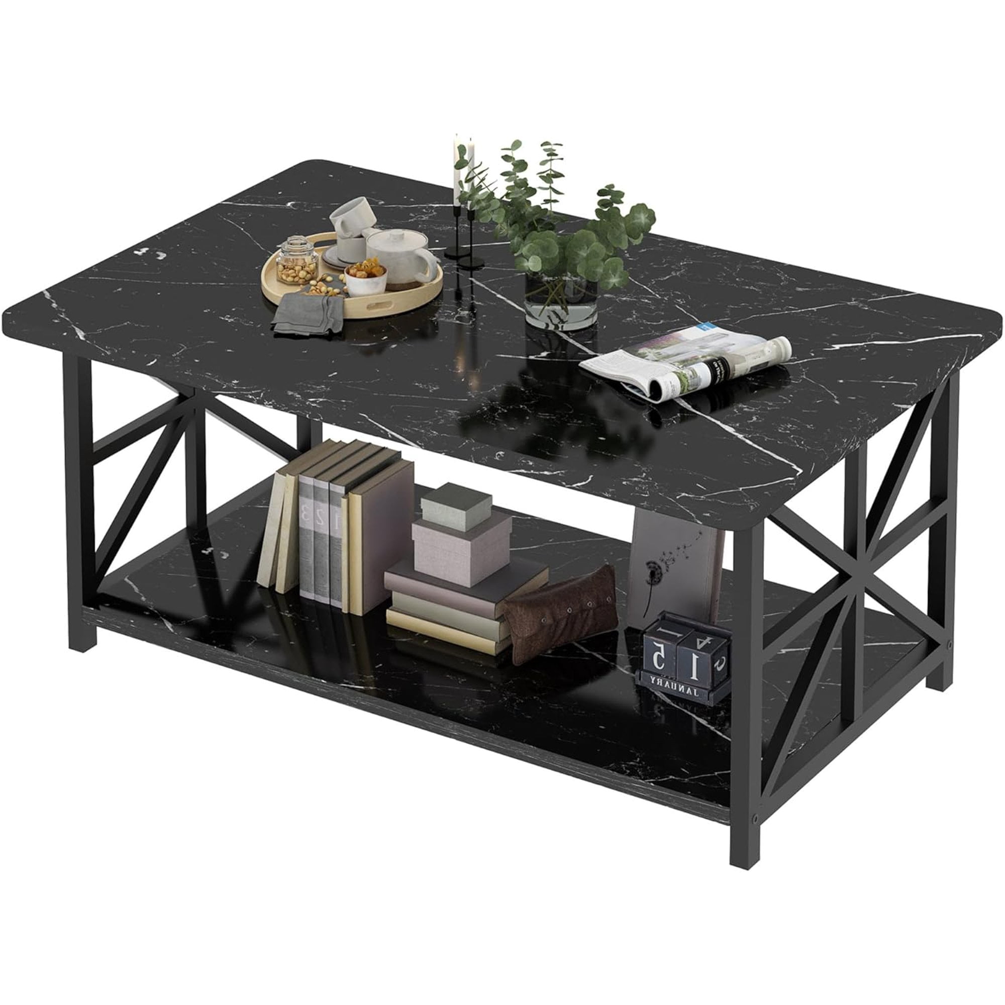 Lamerge Coffee Table with Round Corners, 2 Tier Coffee Table with Storage Shelf, Rectangular Center Table for Living Room Modern Style, Marble Tea Table 39.37 × 21.65 Inches, Easy to Assemble, Black