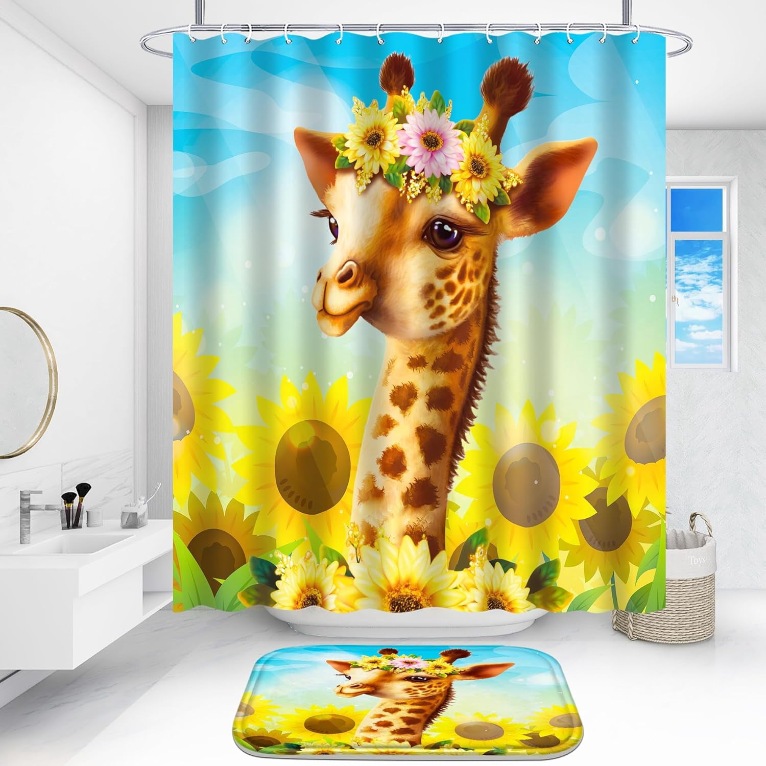 4 Pcs Bathroom Shower Curtain Set,Kid's Bathroom Set,Baby Octopus Shower Curtain Sets with Rugs(Bath Mat,U Shape and Toilet Lid Cover Mat) and 12 Hooks