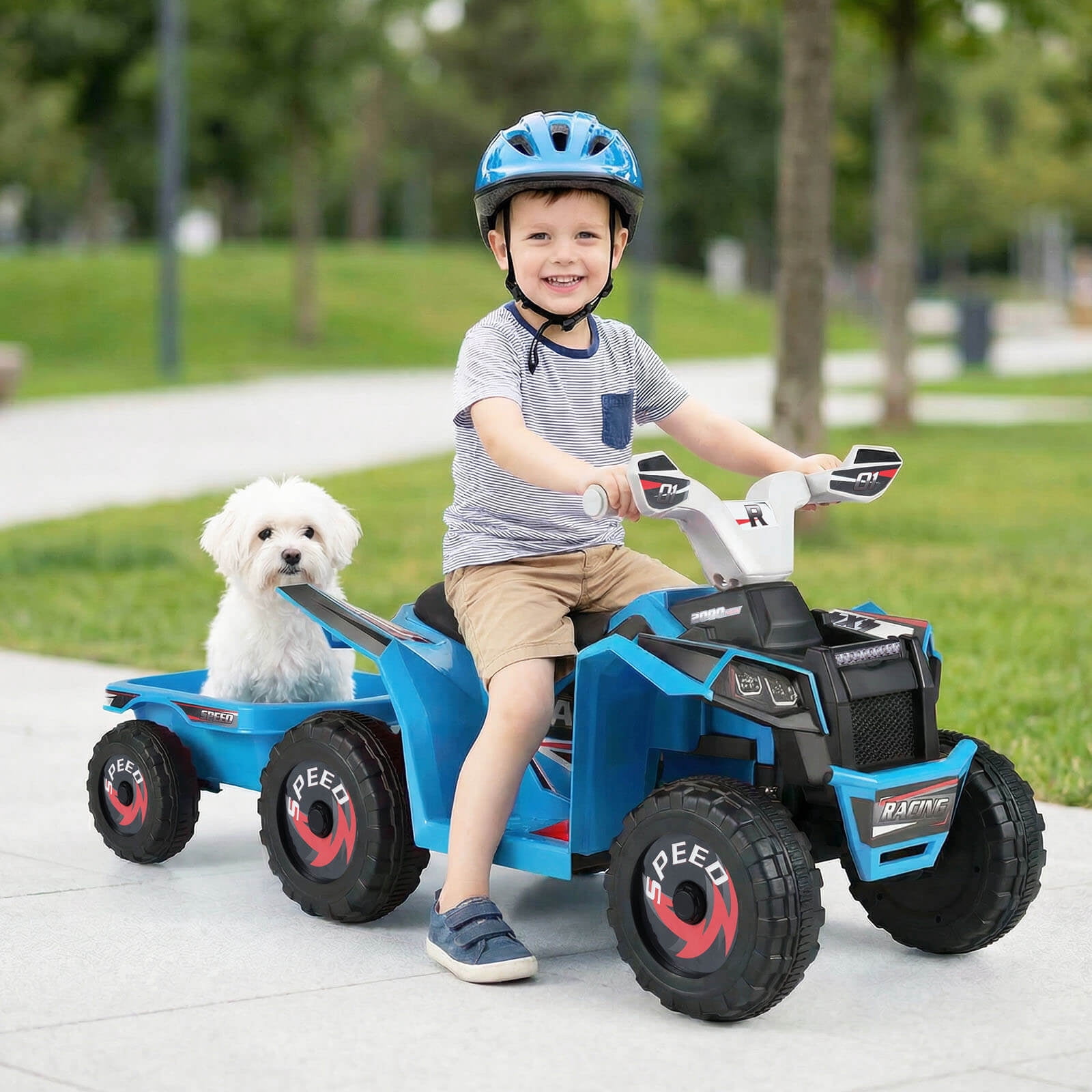 Costway Kids Electric ATV Car, 6V Battery-Powered Ride on Toy wirh Removable Back Trailer Blue