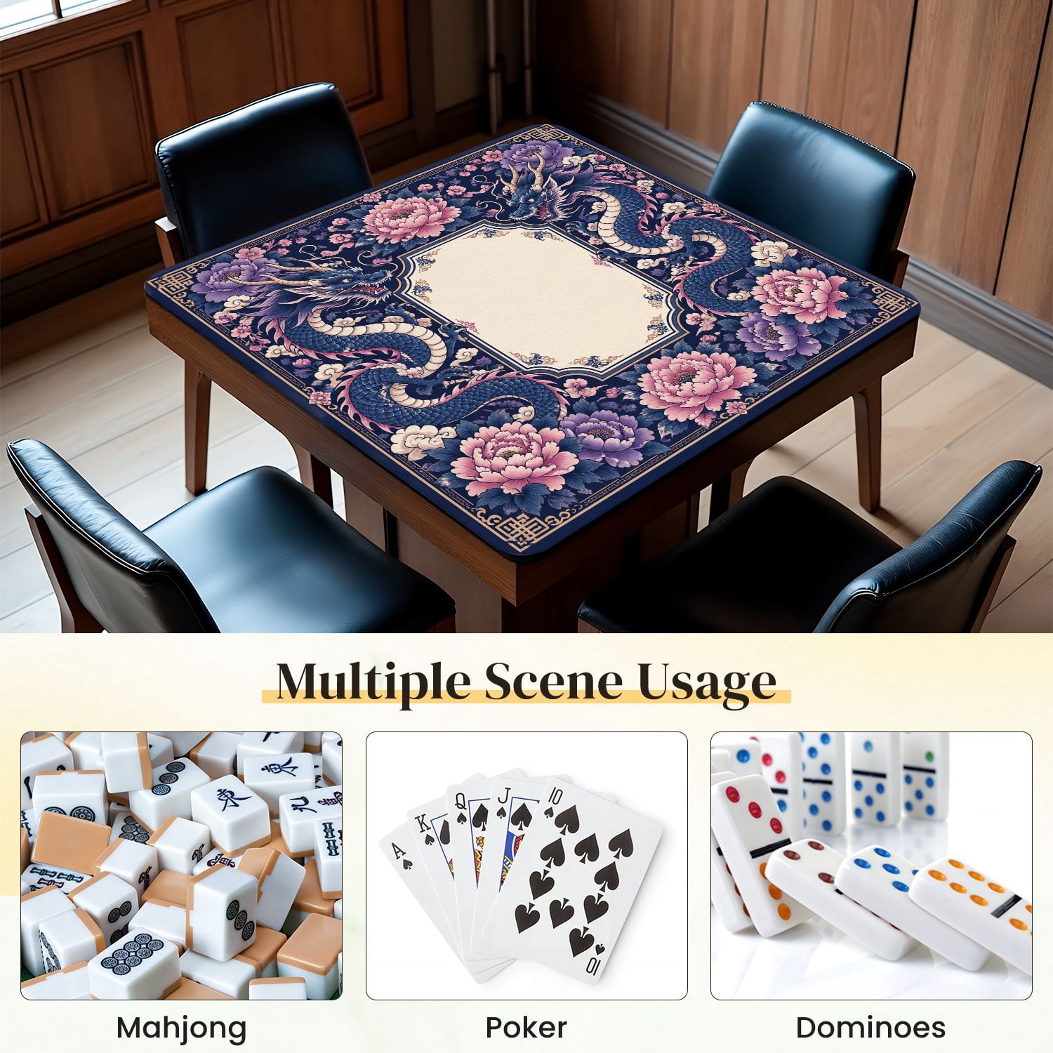 Mahjong Mat 31.5" x 31.5" Oriental Blue Dragons Pink Peonies Decorative Non-Slip Noise Reduction Mahjong Tiles Table Cover for Dominoes Poker Card Board and Tile Games