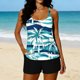 thumbnail image 1 of Tankini de playa deportivo con estampado de moda para mujer, tirantes finos ajustables, traje de baño de dos piezas con abertura y shorts de baño con bolsillo, traje de baño de poliéster para mujer., 1 of 5