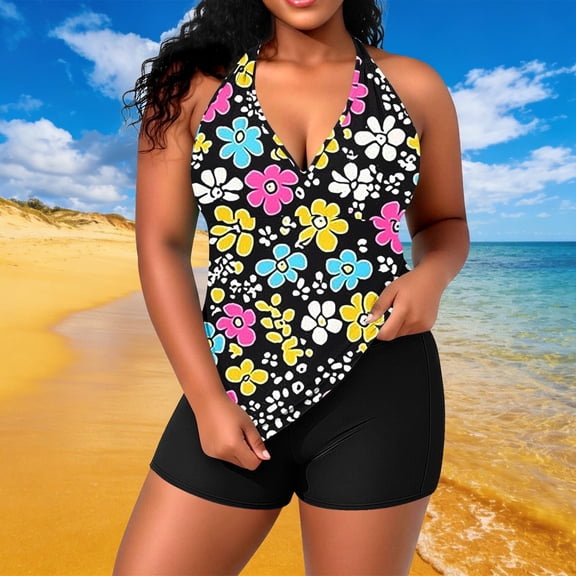 Shihyeh Women Plus Size Tankini Set Halter Neck Sleeveless Top with Removable Padded Bra High Waisted Swim Shorts Conservative Beachwear for Adult Ladies