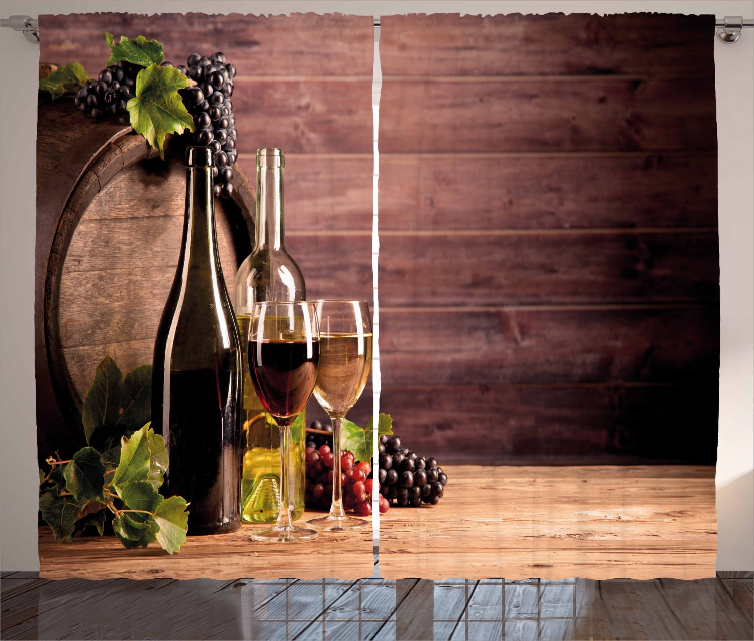 Wine Curtains 2 Panels Set, Still Life of Wine with Wooden Keg Rustic