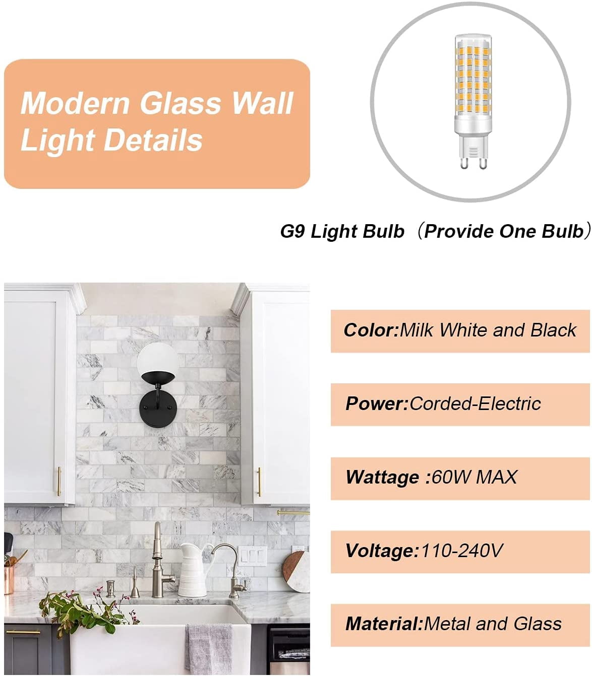 RGHJAR-Black Sconce Light 1 Light,Black Wall Sconce,Modern Globe Wall Light for Restaurant Living Room Bedside Stairs Bathroom Mirror(3000K G9 Bulb Include)