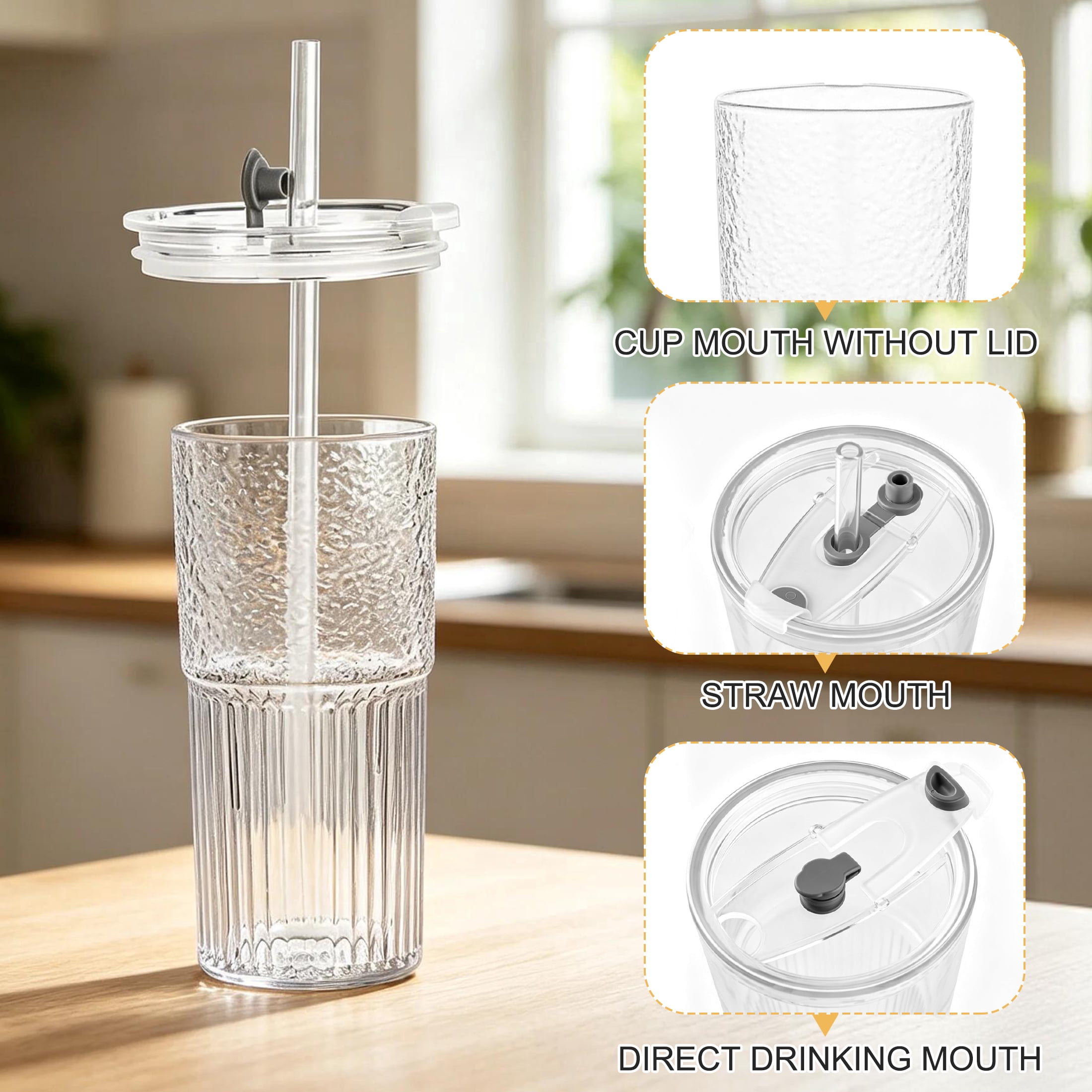 GARITIN Glass Tumbler with Lid and Straw, 20 Oz Ribbed Glass Cups 2 Pack, Leak‑Proof Iced Coffee Glass Cup with Cleaning Brush for Car Cup Holder
