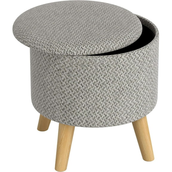 YANG2 Round Storage Ottoman, Linen Fabric Foot Stool with Removable Top, Padded Seat, Small Foot Rest with Hidden Space and Wooden Legs for Living Room, Light Gray
