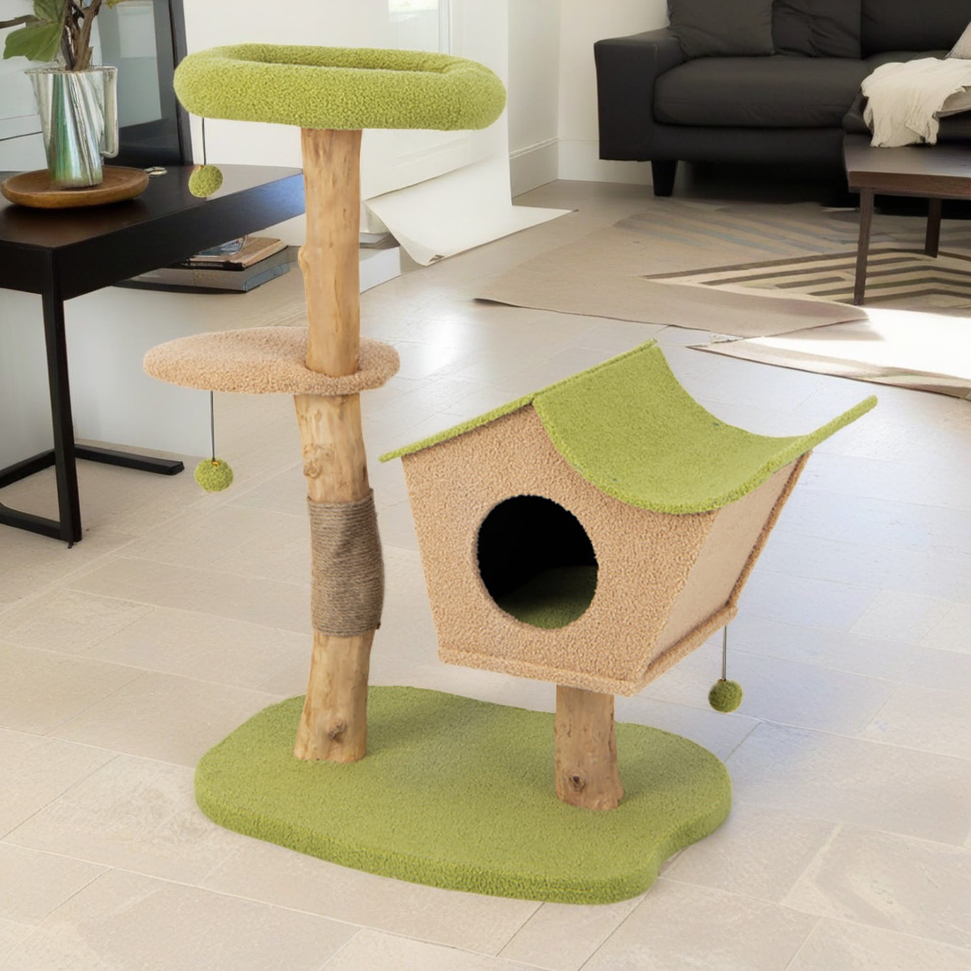 resenkos 43" Natural Wood Cat Tree Tower with Padded Top Perch, Modern Cat Tree House for Large Cat, Green