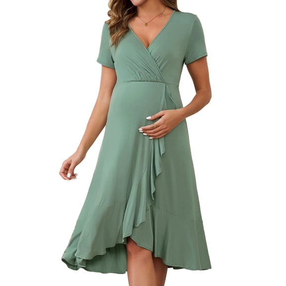 DARING DIVA Women's Semi Formal Wrap V Neck Ruffle Maternity Dress S Grey Green