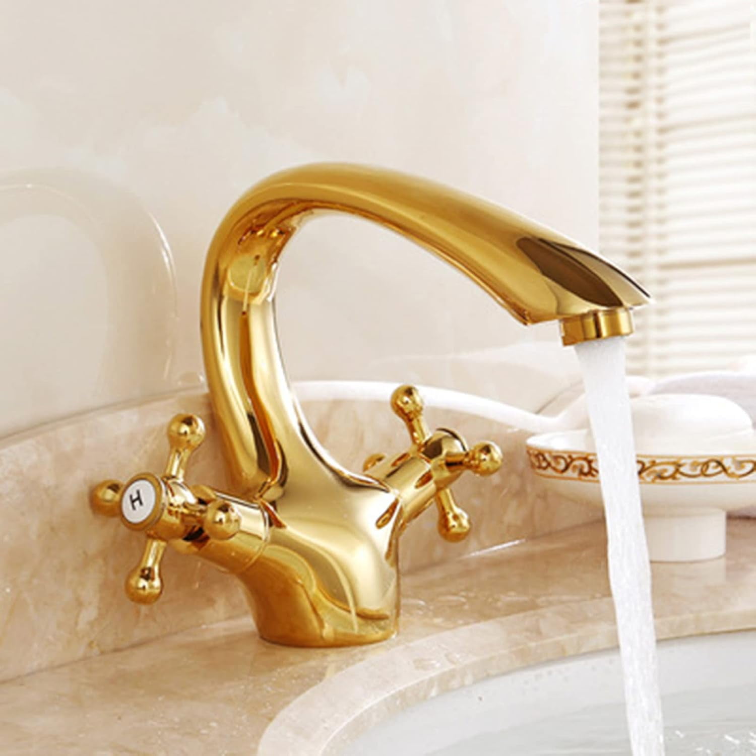 Vintage Bathroom Faucet, Double Cross Handle Mixer Bathroom Sink Tap, Brass Bathroom Faucet, Bathroom Faucet Single Hole, Cold Hot Mixer Vintage Vanity Tap, Gold