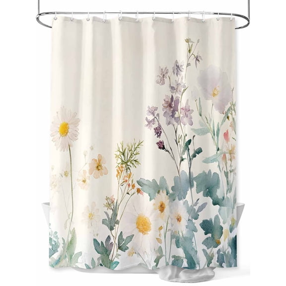 Fsddascl Watercolor Spring Floral Shower Curtain Set - Long 72" x 84" Washable Bathtub Curtain with 12 Hooks, Farmhouse Daisy Green Botanical Waterproof Fabric Stall Shower Curtains for Bathroom