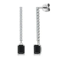 Gem Stone King 14K White Gold Black Onyx and Lab Grown Diamond Long Liner Dangle Earrings for Women | 1.48 Cttw | Gemstone December Birthstone | Octagon 6X4MM | White Gold Chain Drop Earrings