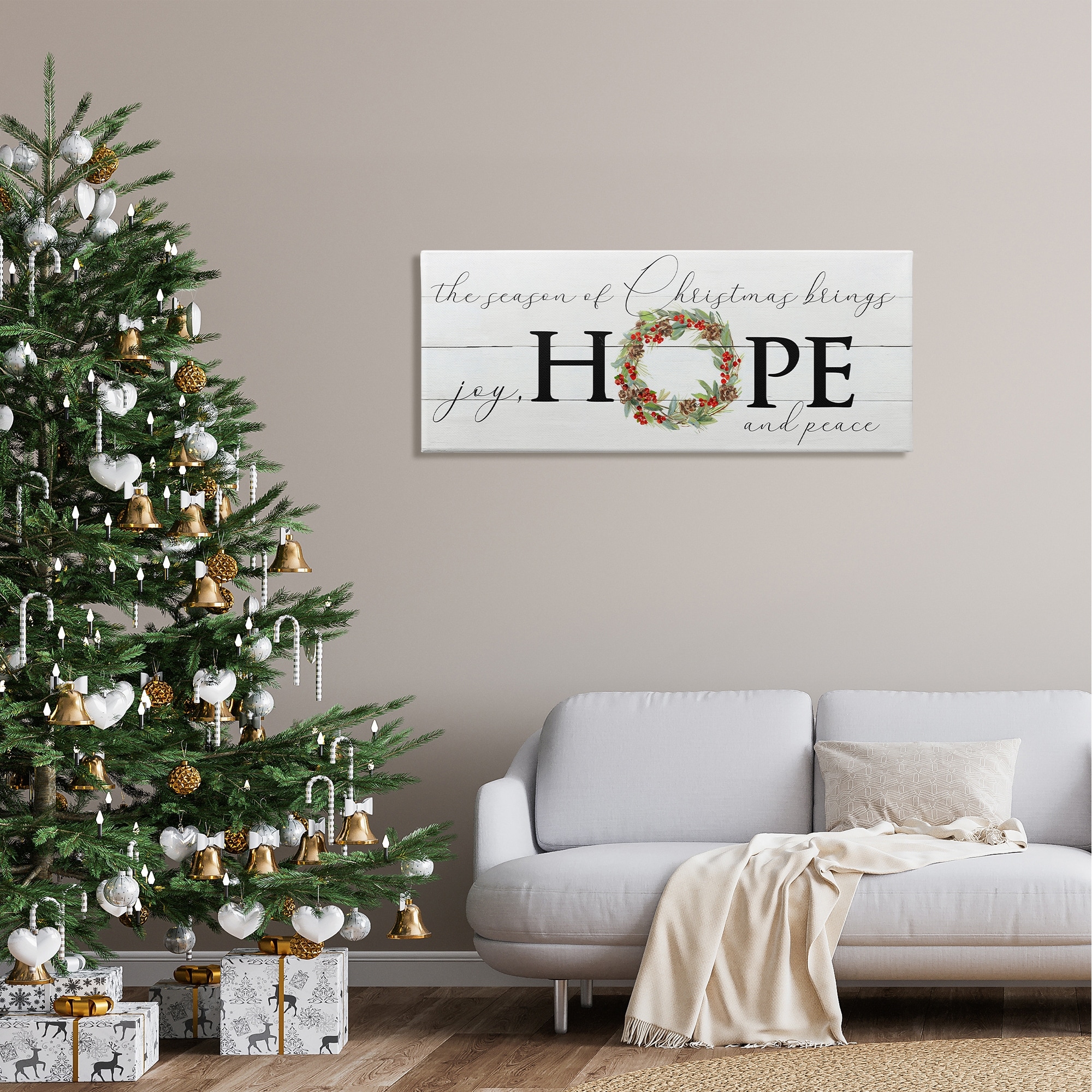 Stupell Industries Joy Hope & Peace Christmas Wreath Holiday Painting Gallery Wrapped Canvas Print Wall Art