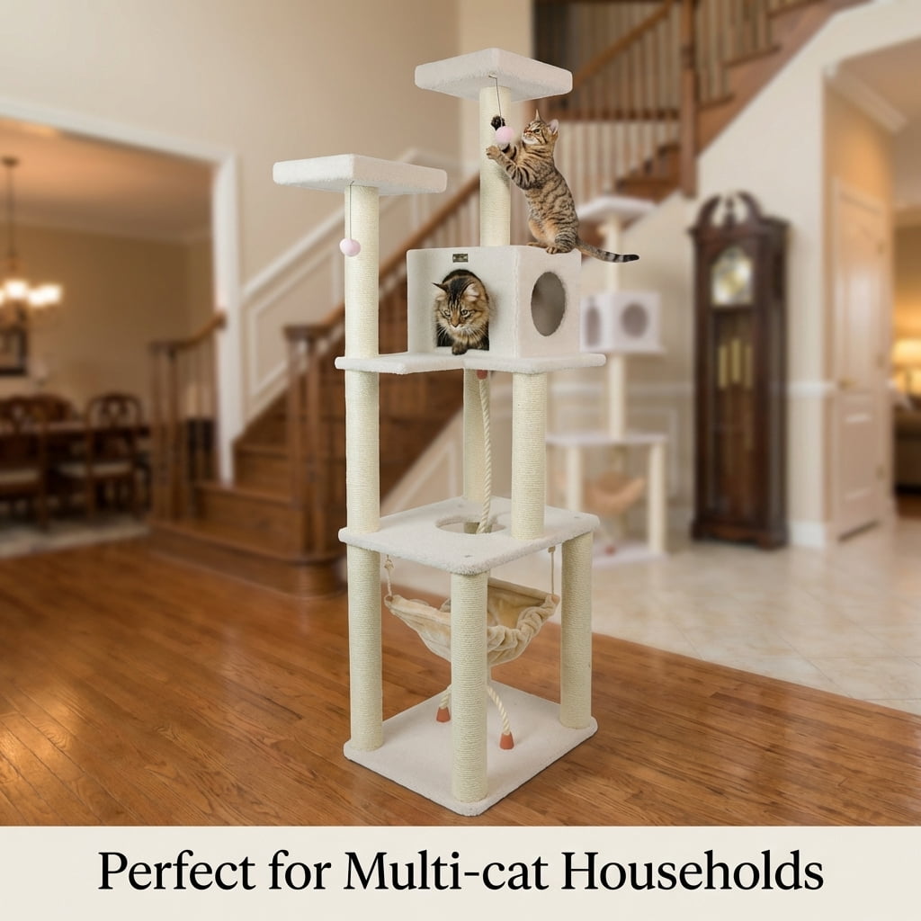 Cat Tree Tower, 73 Inch Tall Multi-Level Cat Condo with Natural Sisal Scratching Posts, Plush Perches, Cozy Hideaway, Hanging Hammock and Rope, Beige