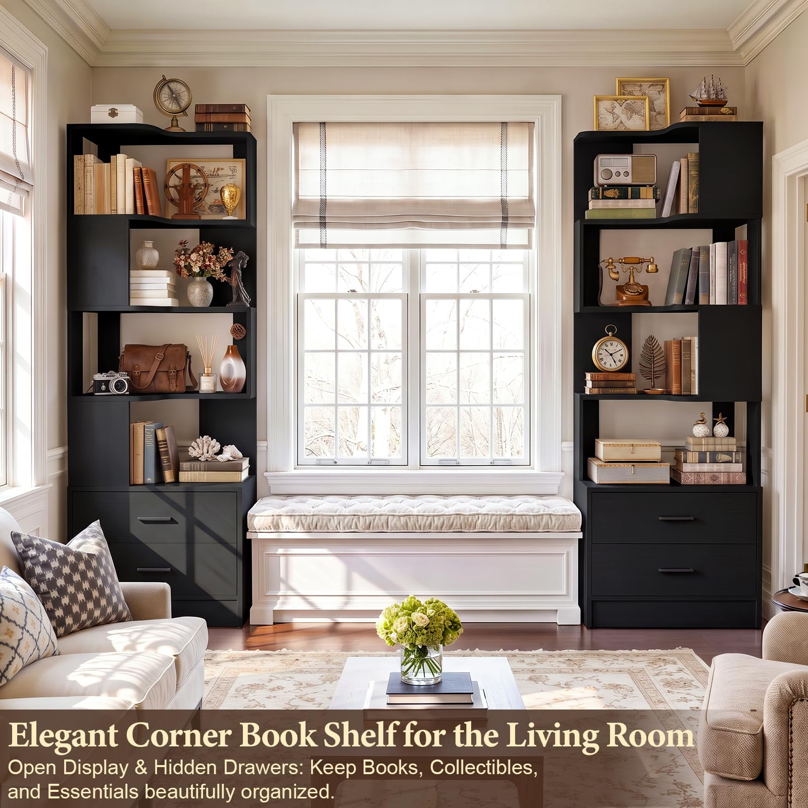 Aheaplus 2-Piece Set L-Shaped Corner Bookshelf with 7-Tier (5 Open Shelves + 2 Drawers) Freestanding Corner Storage Bookcase for Small Spaces Living Room Bedroom Home Office Black