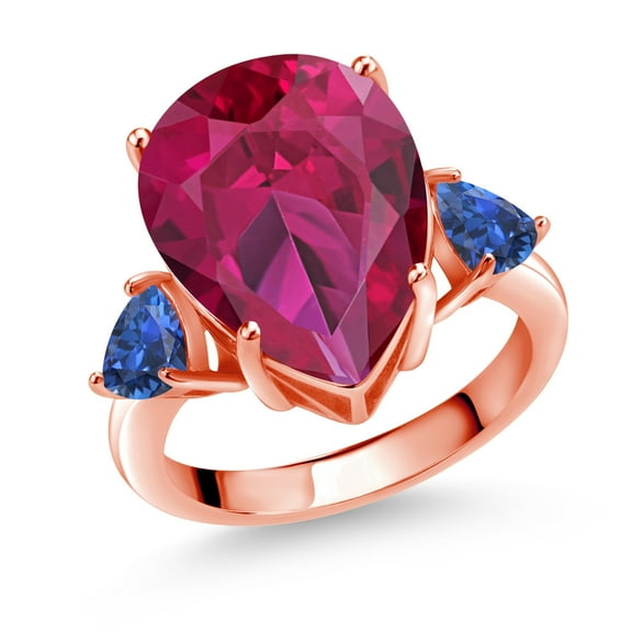 Gem Stone King 18K Rose Gold Plated Silver Red Created Ruby and Blue Created Sapphire  Ring for Women (10.70 Cttw, Gemstone July Birthstone, Pear Shape 16X12MM, Size 7)