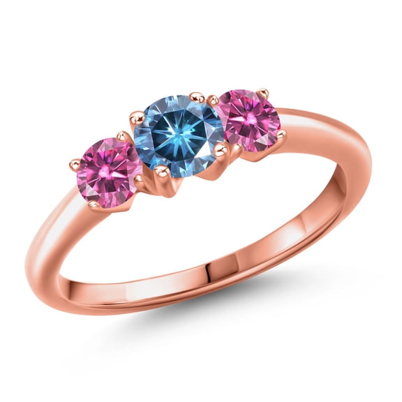 Gem Stone King 18K Rose Gold Plated Silver Persian Blue Moissanite and Pink Moissanite Engagement Ring for Women | 0.96 Cttw | Round 5MM | Gemstone Birthstone | Size 7