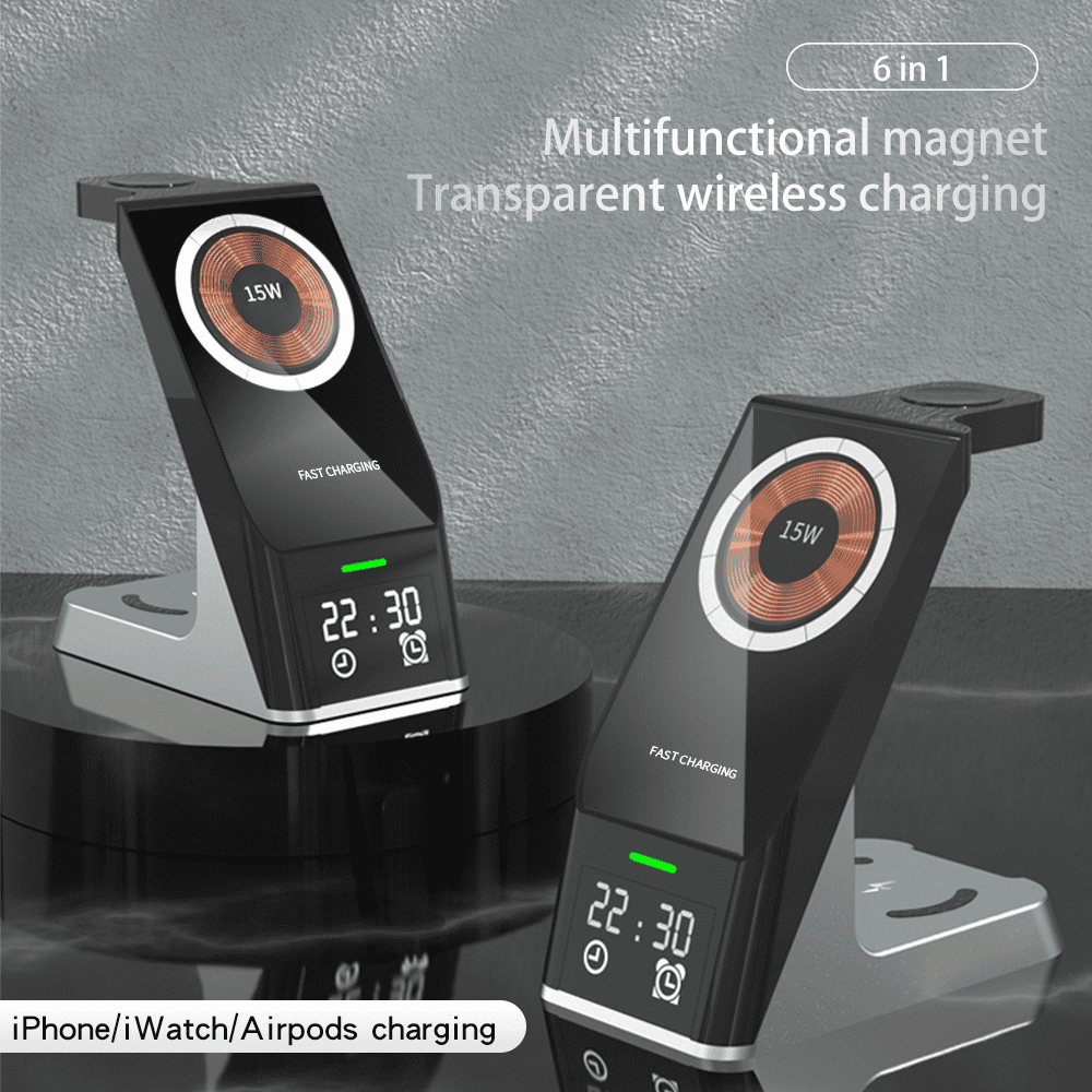 H27 6-in-1 Magnetic Wireless Charging Station with Digital Alarm Clock, 15W Transparent Fast Charger for iPhone 17 16 15 14 13 12, Apple Watch, AirPods, and Extra USB Port