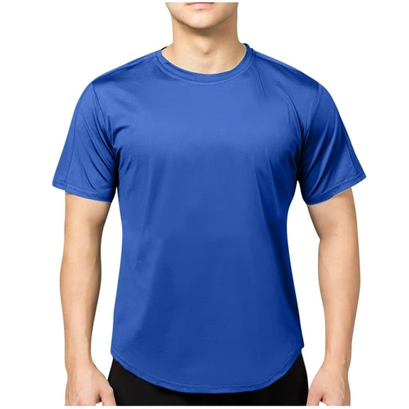 Wyobmus Men's Workout Shirt Quick Dry Stretchy Sport Shirts Solid Moisture Wicking Round Neck Short Sleeve Training Tops Blue