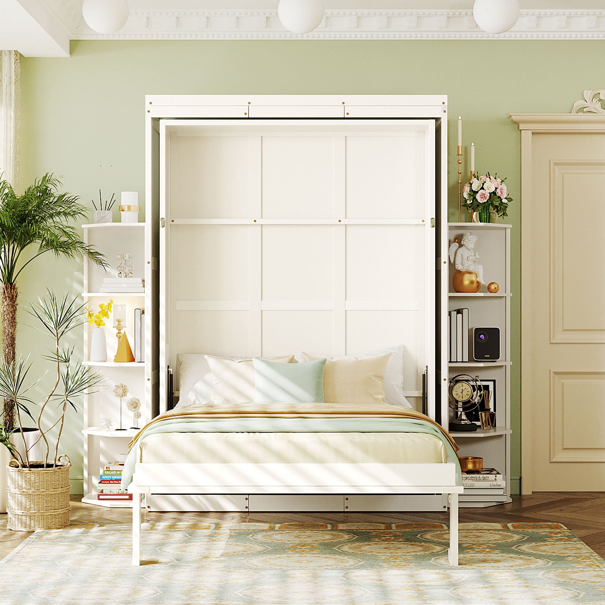 Mintazer Rotating Full Size Murphy Wall Bed with Convertible Desk & Dual Side Bookcases, Multifunctional Murphy Bed with Cabinet for Home Office Bedroom, White
