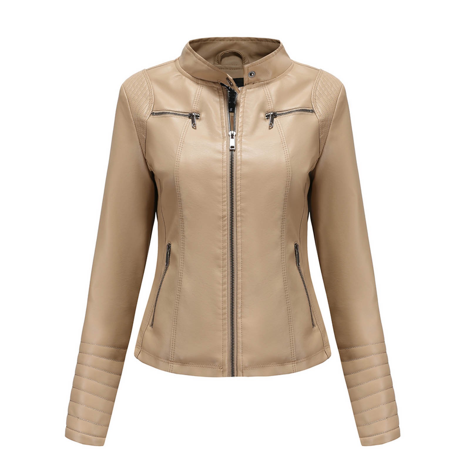 Tejiojio Coats Clearance Women's Slim-Fit Leather Stand-Up Collar Zipper Motorcycle Suit Thin Coat Jacket - image 2 of 7