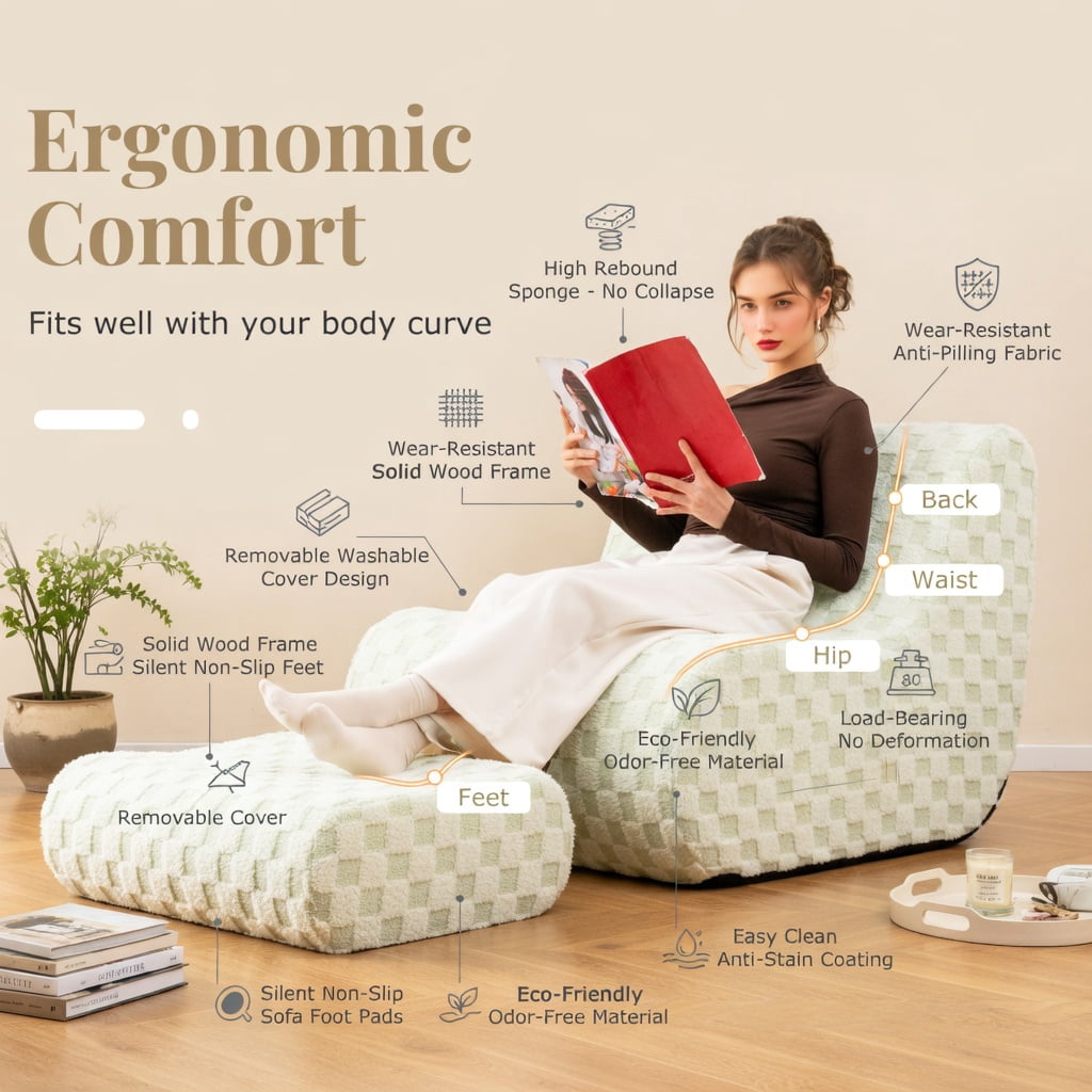 Hommoo Teddy Velvet Bean Bag Chair Set with Ottoman, High-Rebound Foam, Machine-Washable Cover, Non-Slip Base, No Assembly Needed, Green