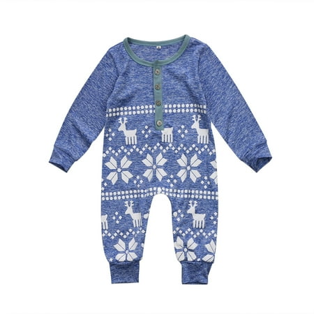 

Christmas Playsuit Infant Newborn Baby Girls Boys Romper Jumpsuit Long Sleeve Round Neck Buttons Down Elk Print Bodysuit 0-18M