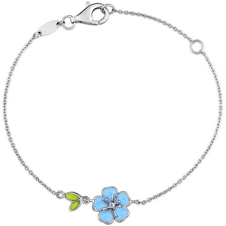 Cutie Pie White Topaz Accent Sterling Silver Children's Flower Bracelet with Blue and Green Enamel, 6 with 1 Extension
