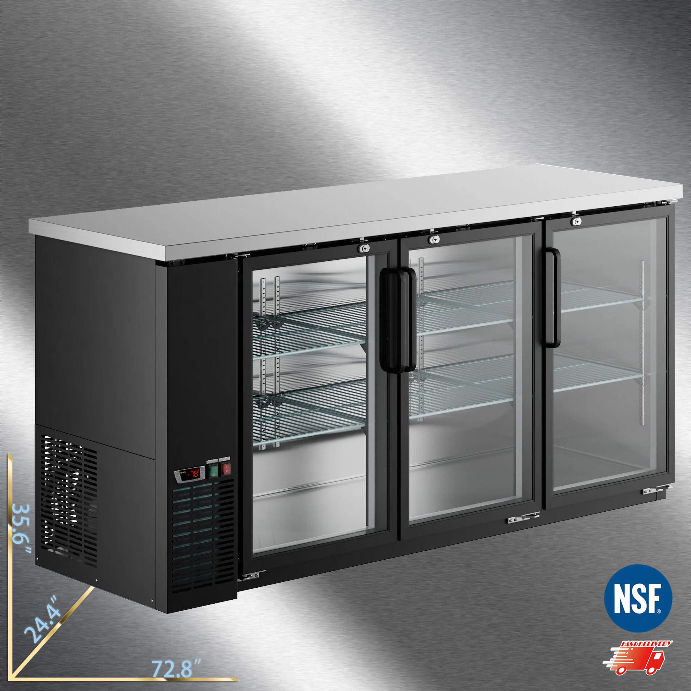 Cooler Depot NSF 72" Black Glass Door Beer Refrigerator, 19.6 cu ft, Keg Compatible, Model UBB24-72G