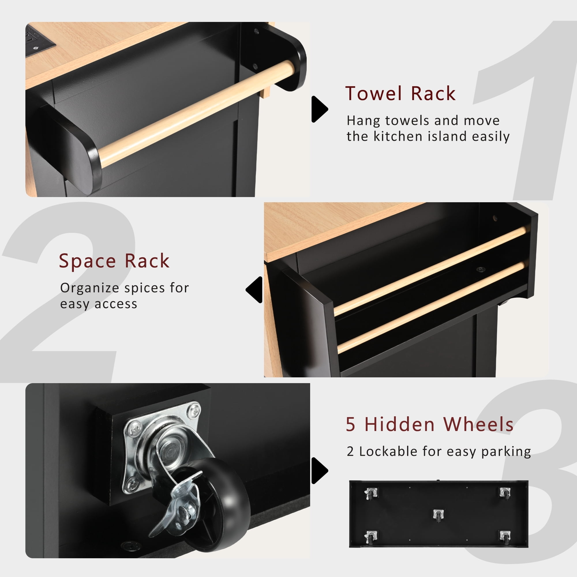 DEALTOPS 55.7" Large Kitchen Island with 2 Drop Leaf, 3 Drawers, Rolling Kitchen Cart on 5 Wheels with Power Outlet, Folding Storage Dining Table with Spice & Towel Rack for Kitchen-Black