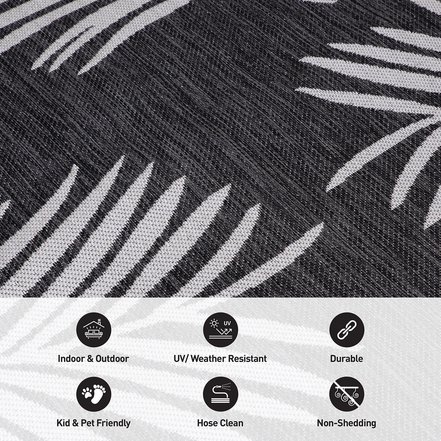 World Rug Gallery Contemporary Palm Leaves Textured Flat Weave Indoor/Outdoor Area Rug - BLACK 2'x7'