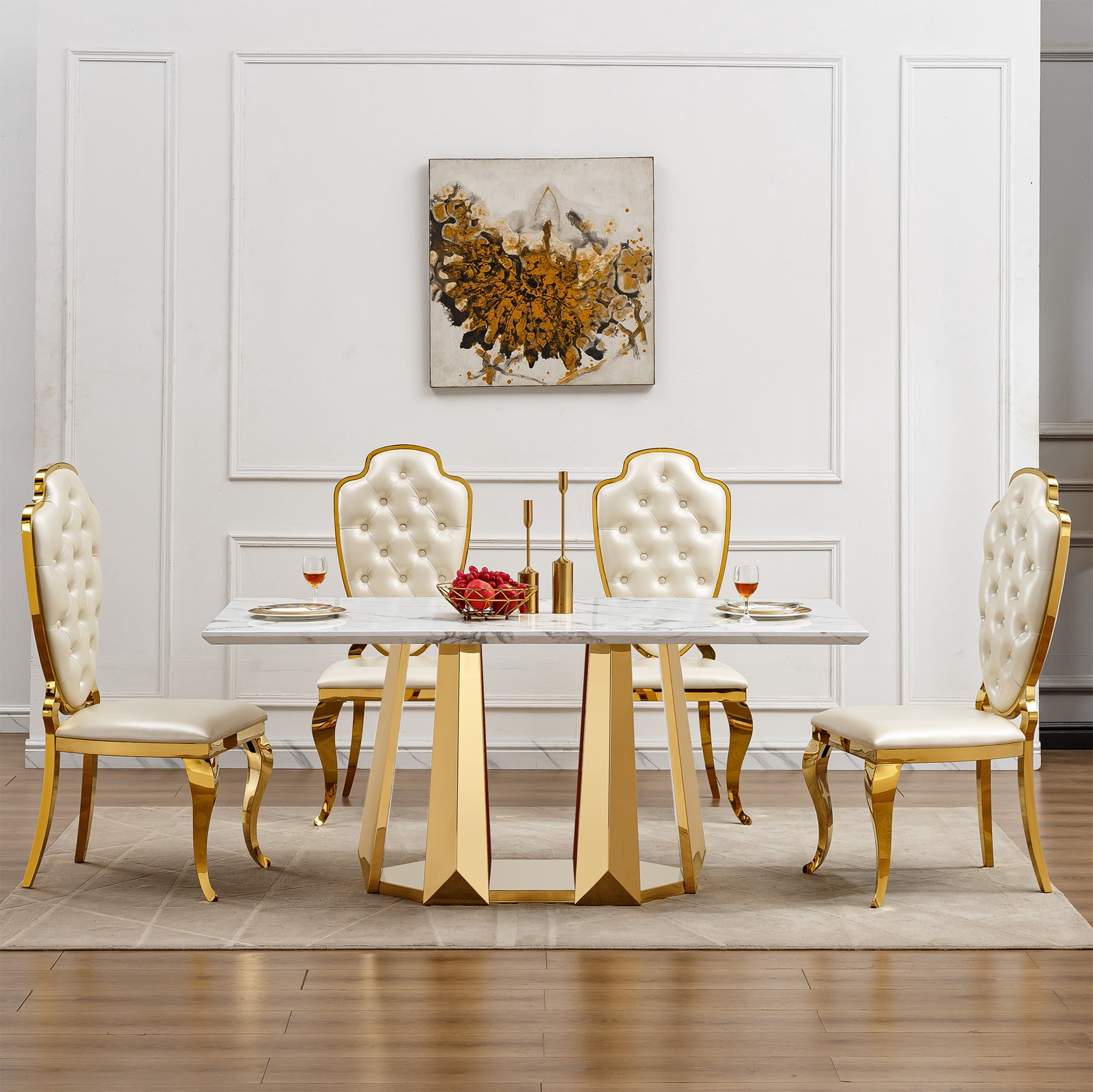 Noble House Modern 70" Rectangle Faux Marble Dining Table with Stainless Steel Base, for Kitchen, Gloss White & Gold