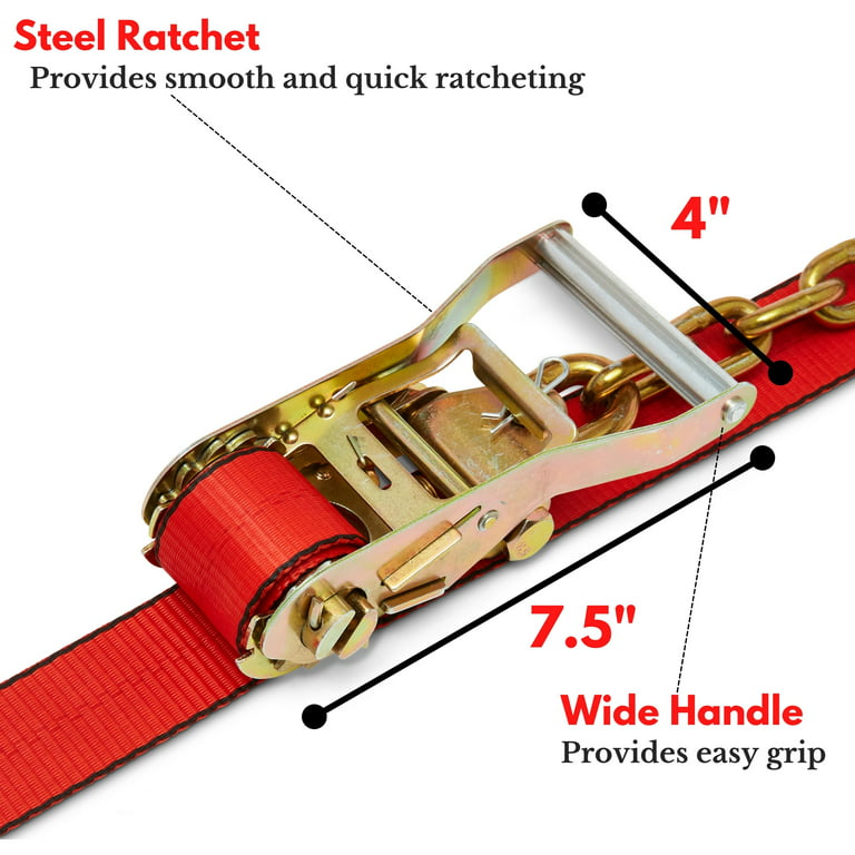 RYTASH Red 4-Pack Heavy-Duty Lasso Ratchet Straps for Cars and ATVs - 96 x  2 - Chain Anchors included