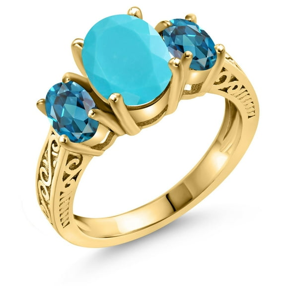 Gem Stone King 2.70 Ct Oval Green Turquoise London Blue Topaz 18K Yellow Gold Plated Silver Ring (Size 6)