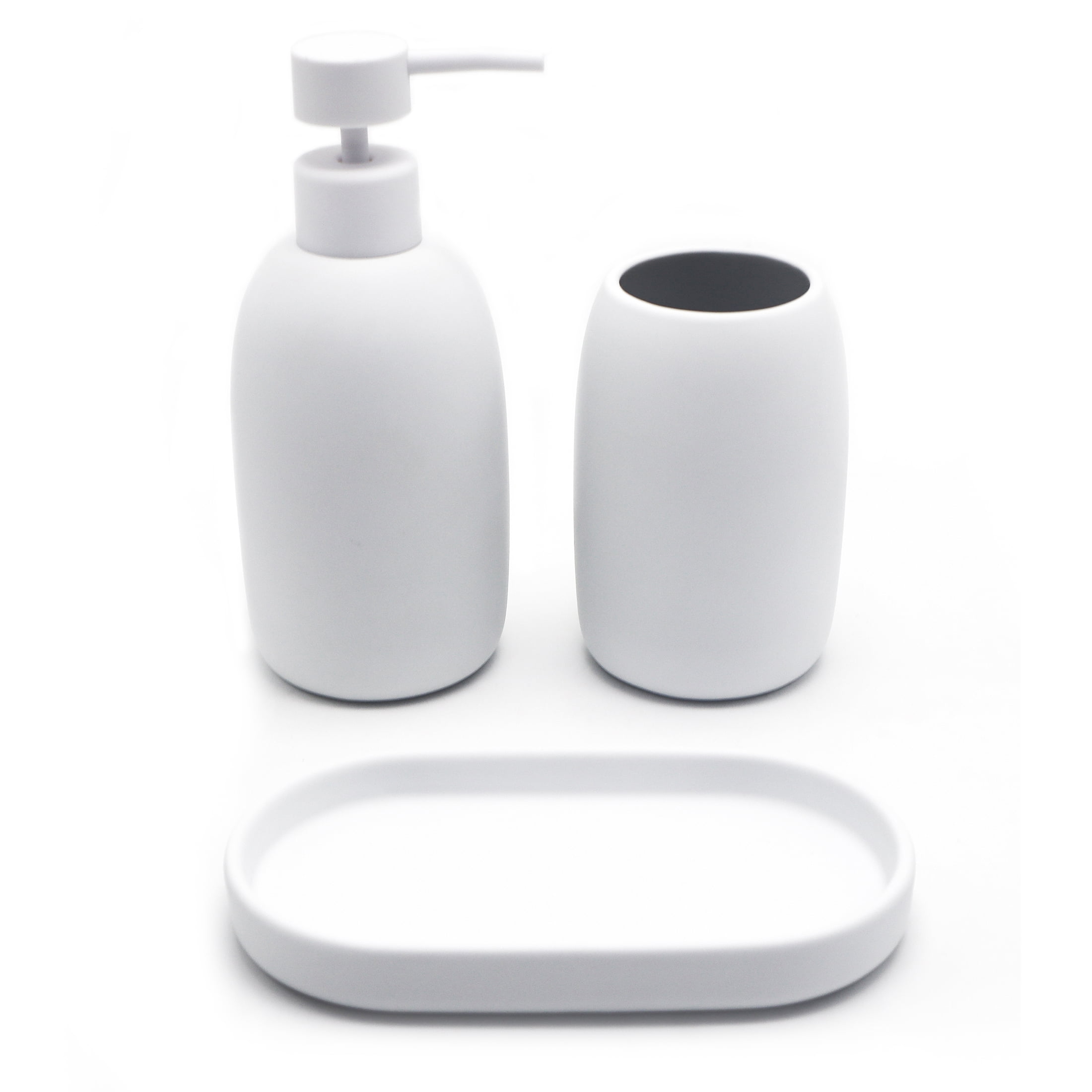 Mainstays Ceramic Stoneware Bath Accessories 3-Piece Set, White – Soap Pump Dispenser, Tumbler, and Accessory Tray