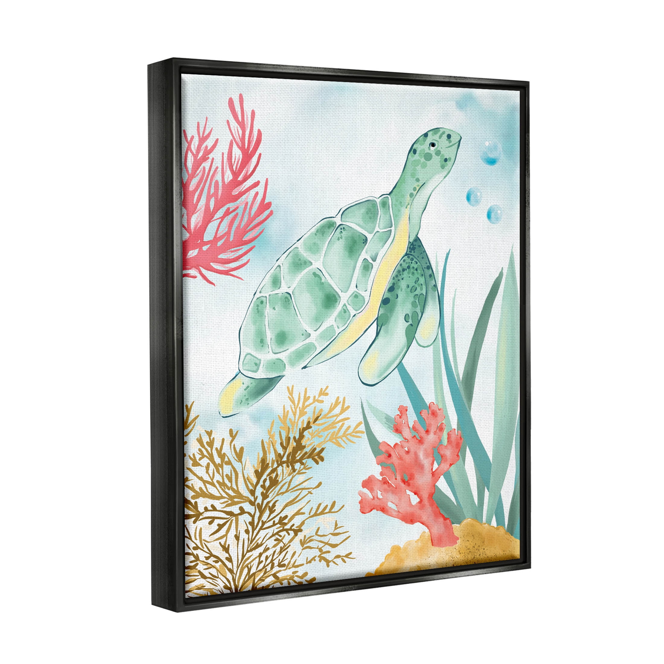 Stupell Industries Turtle Coral Reef Bubbles Graphic Art Jet Black Floating Framed Canvas Print Wall Art, Design by House of Rose