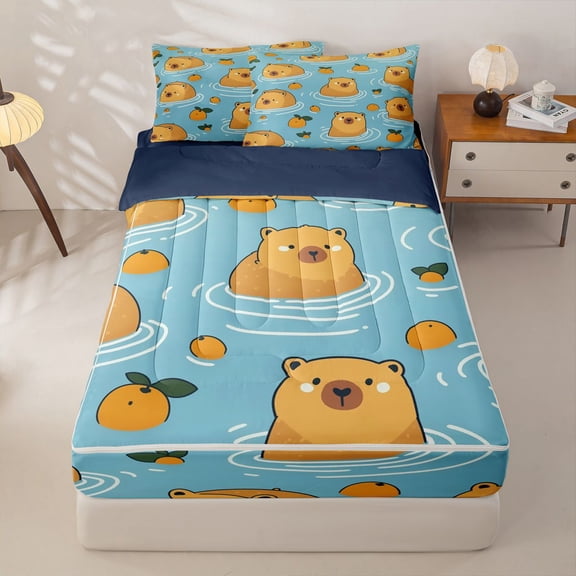 Homewish Swimming Capybara Kid Zipper Full Size Comforter Sets with Fitted Sheet and 2 Pillowcases, Summer Animal Zipper Bedding Set, Navy Reversible, 4pcs