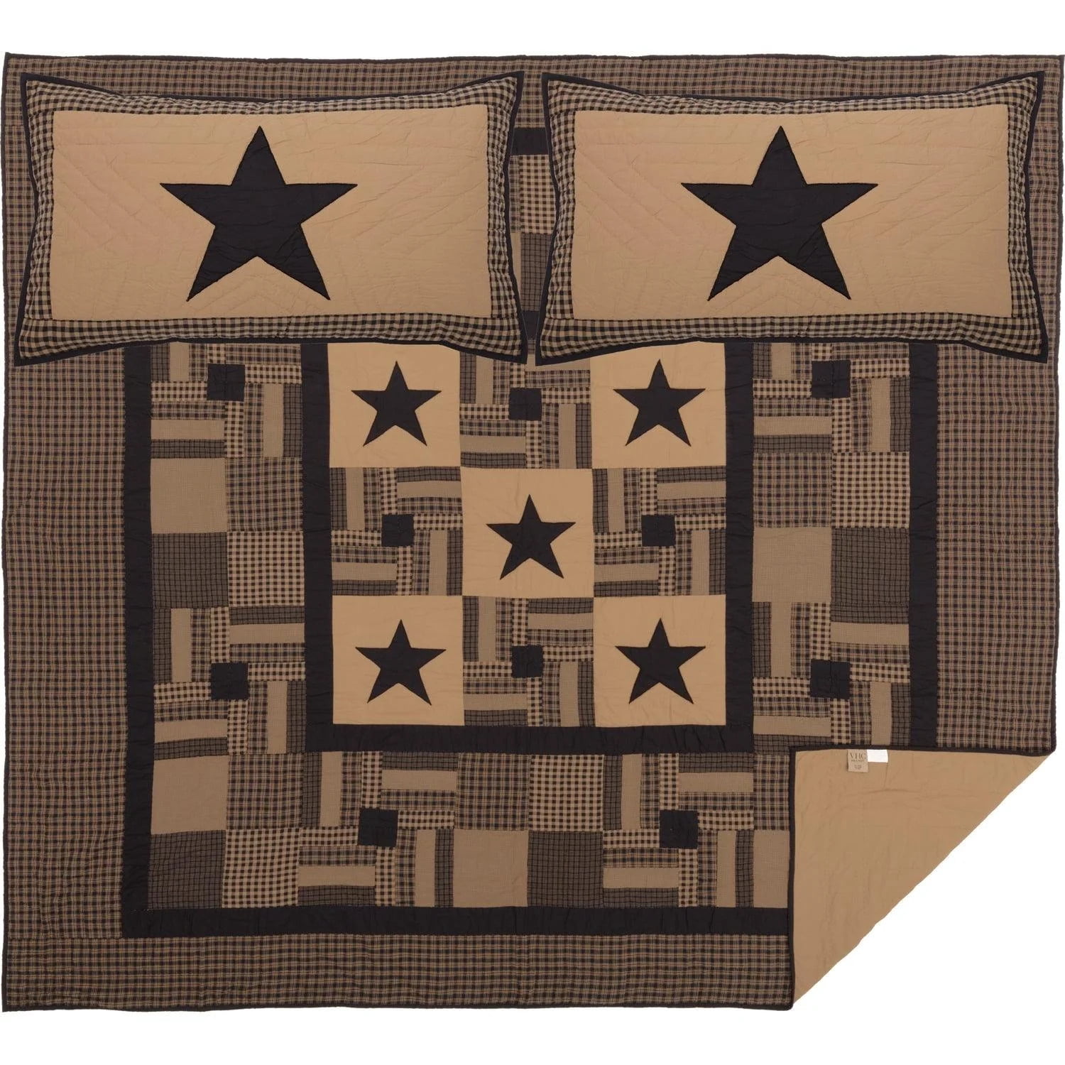 VHC Brands, Black Check Star, Cotton, 90Wx90L x 21x27, Queen Quilt w/ 2 Shams Set, Black